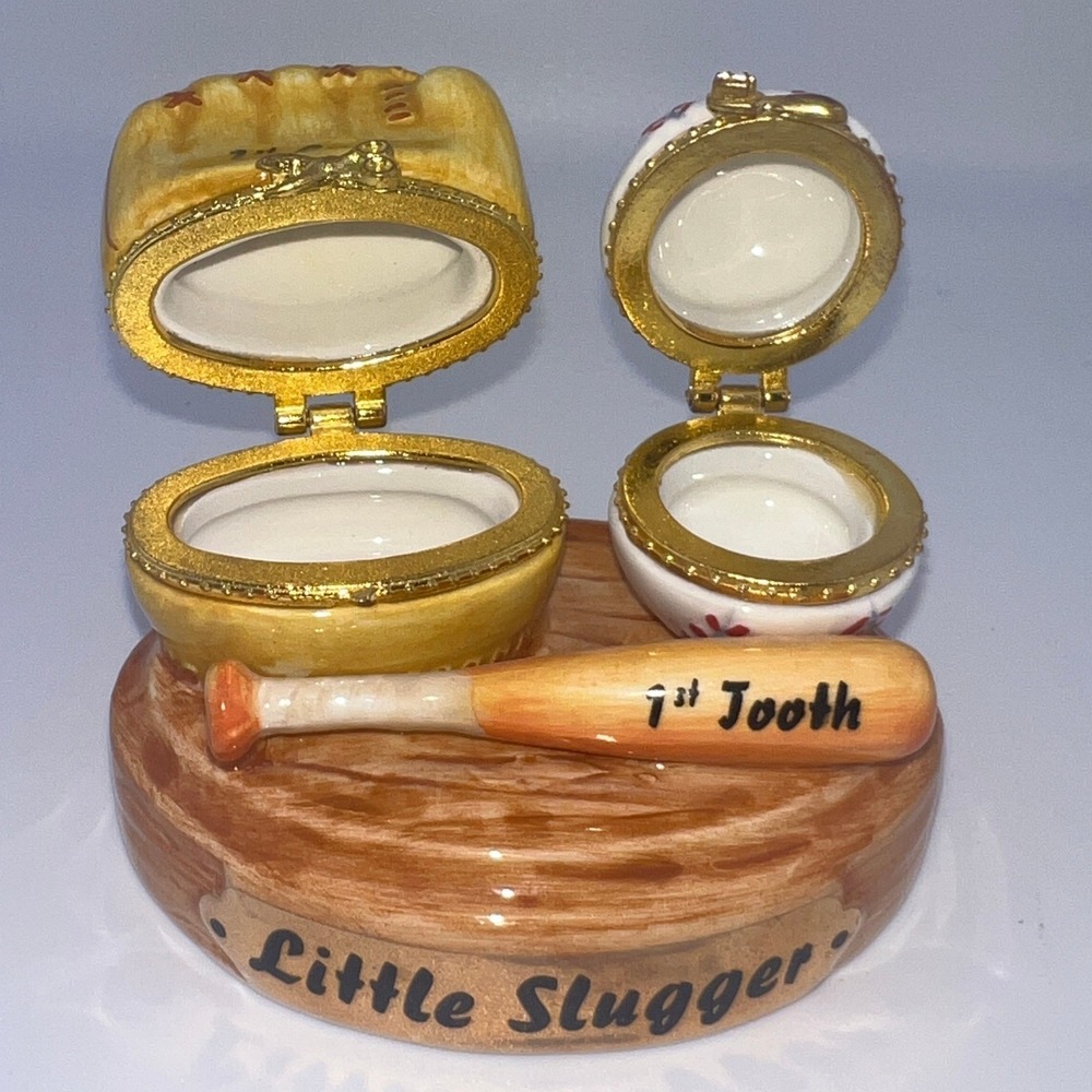 Mud Pie Little Slugger Baseball First Tooth and Curl Keepsake Box Set Ceramic